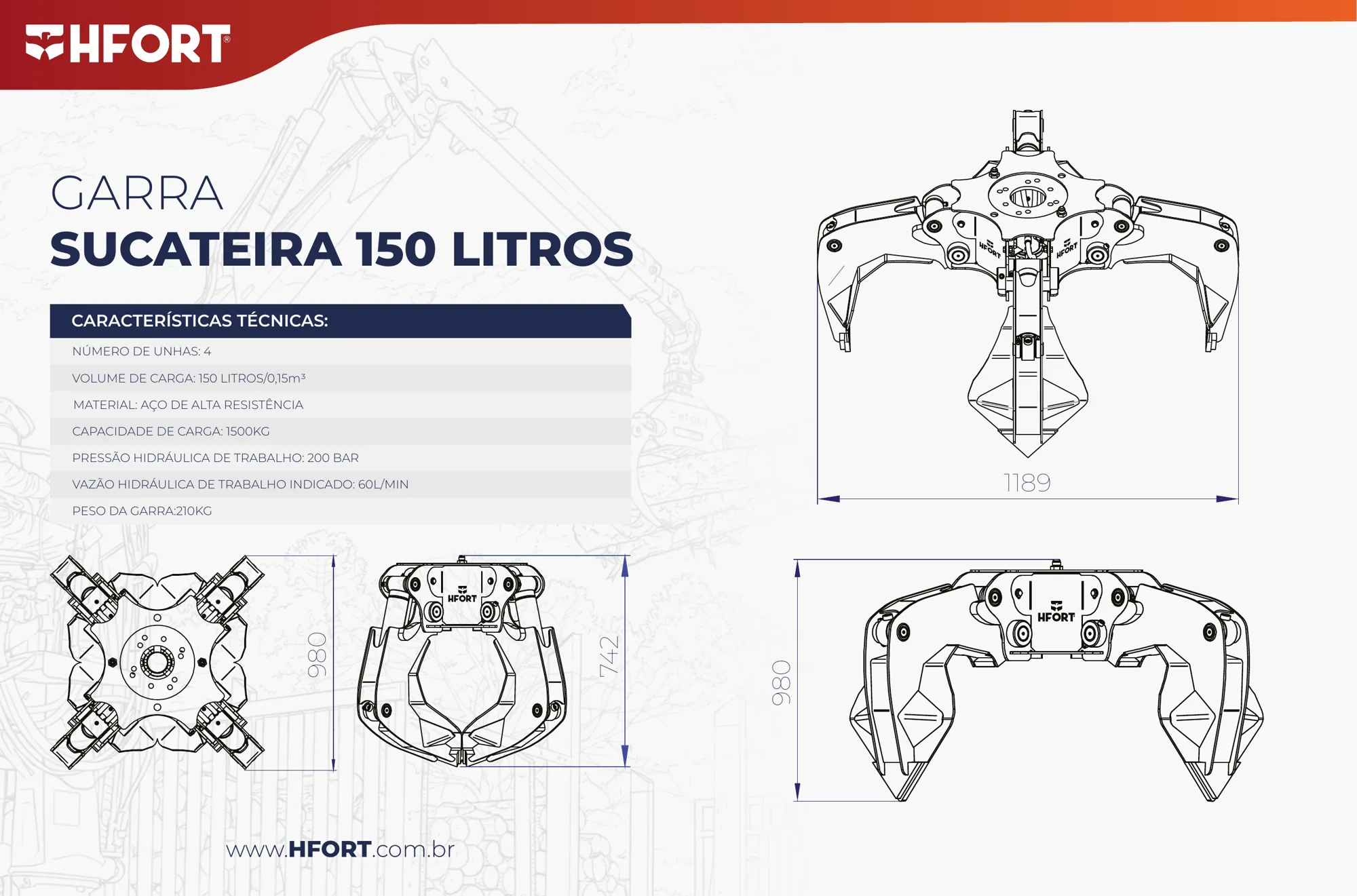 Desenho técnico da Garra Sucateira 150 L