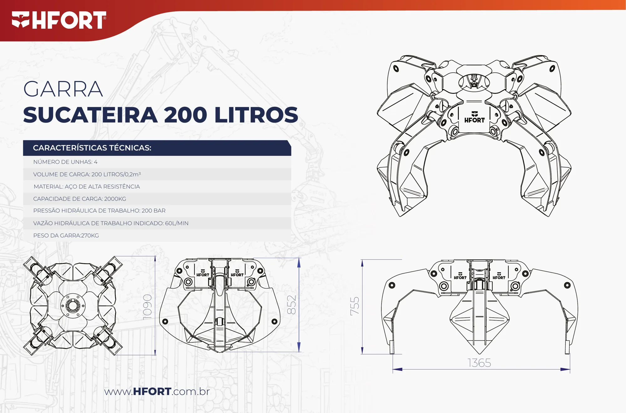 Desenho técnico da Garra Sucateira 200 L
