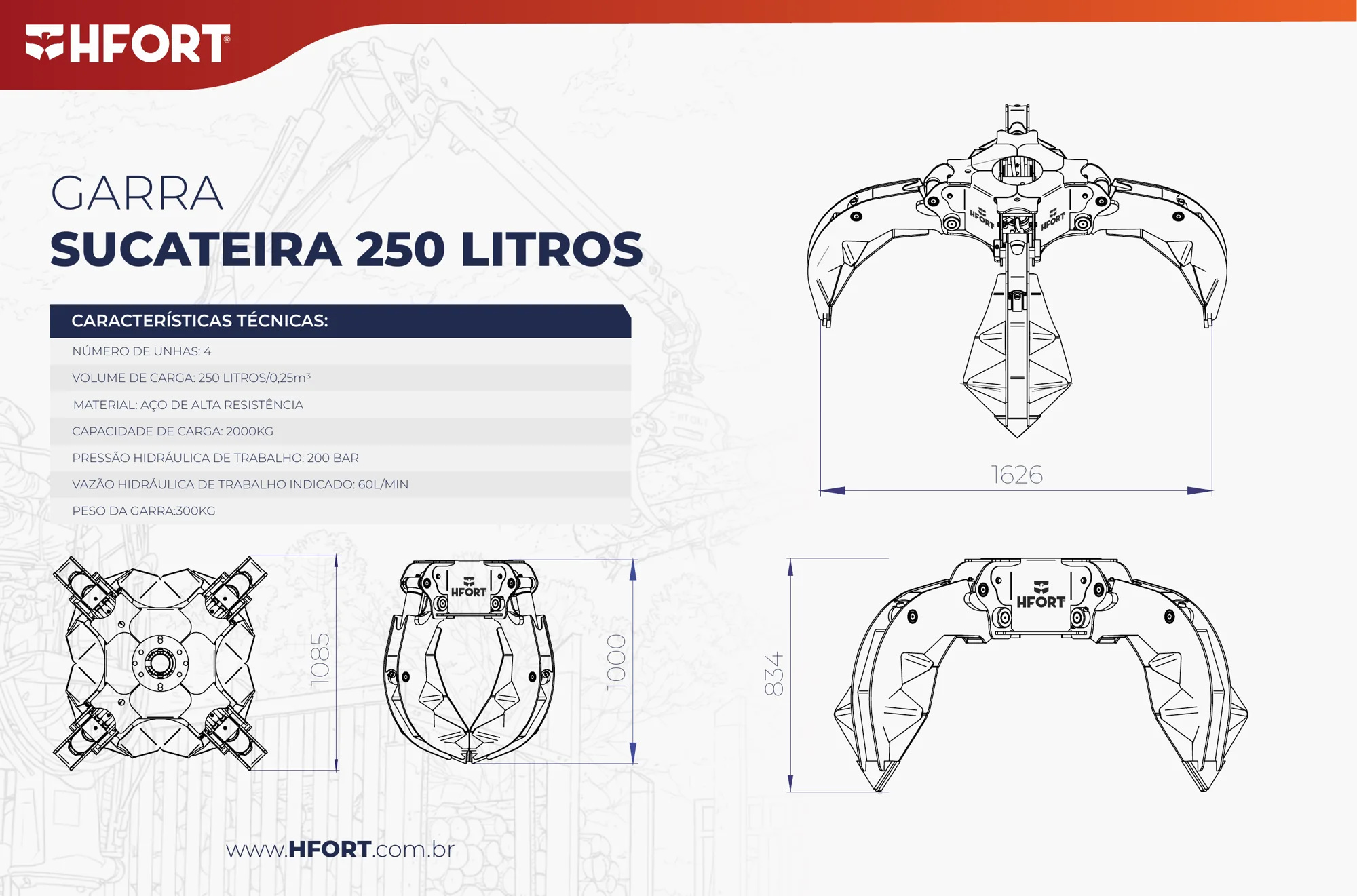 Desenho técnico da Garra Sucateira 250 L