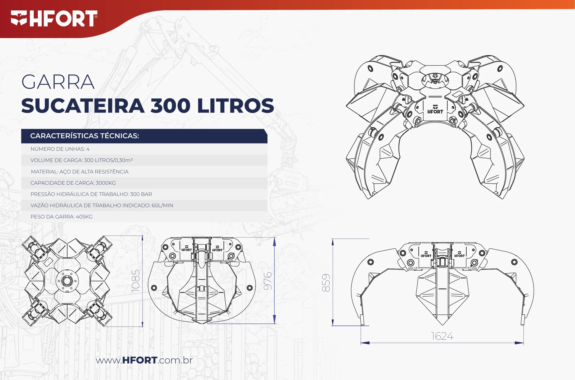 Desenho técnico da Garra Sucateira 300 L