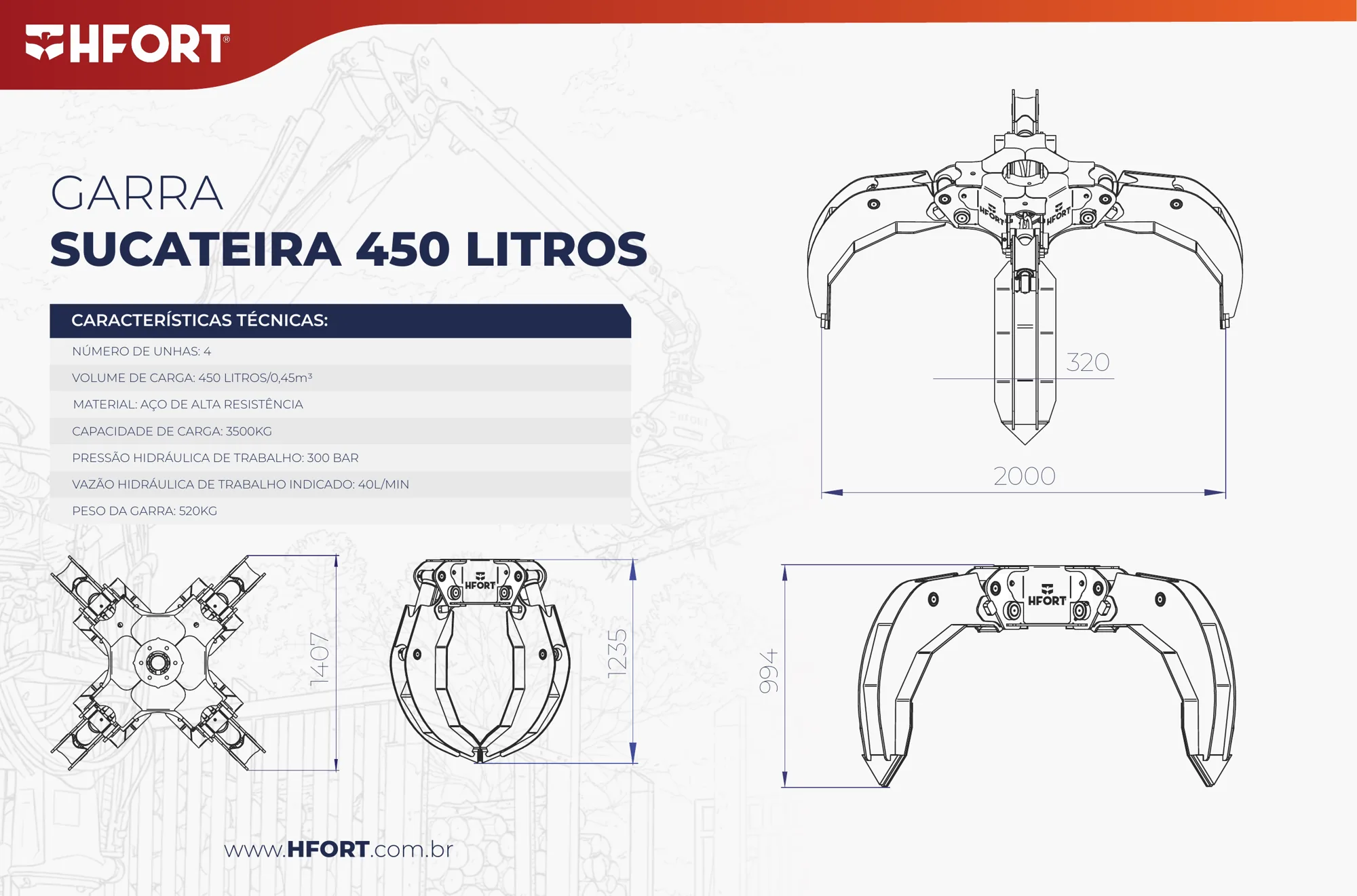 Desenho técnico da Garra Sucateira 450 L